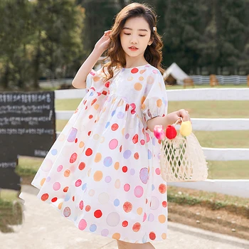 Teen Dekleta Bombaž Priložnostne Obleko Poletje 2021 Novih Otroci Korejskem Slogu Svoboden Srčkan Polka Dot Princesa Modnih Oblačil, Nad Koleno