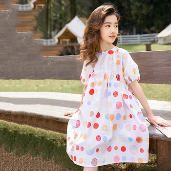Teen Dekleta Bombaž Priložnostne Obleko Poletje 2021 Novih Otroci Korejskem Slogu Svoboden Srčkan Polka Dot Princesa Modnih Oblačil, Nad Koleno