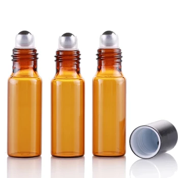 100Pieces/veliko 5ML Prenosni Amber Eterično Olje, Steklenica Roll na Stekleničke Parfuma Mini Metal Žogo Roller Rjava Eterično Olje Steklenice