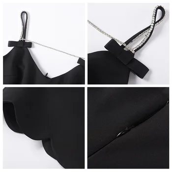 Seksi Malo Črno Obleko 2021 Novo Visoko Modo Mini Obleka V Vratu Backless Kristalno Verige Špageti Trak Večer Stranka Obleko Vestido