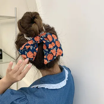 Korejski Cvetlični Bowknot Elastični Trakovi za Lase za Ženske Čop Imetnik Biseri Ornament, Scrunchie Hairband Lase Pribor za Dekleta