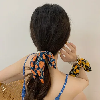 Korejski Cvetlični Bowknot Elastični Trakovi za Lase za Ženske Čop Imetnik Biseri Ornament, Scrunchie Hairband Lase Pribor za Dekleta