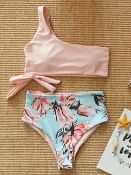 Ena Ramenski Cvetlični Visoko Pasu Bikini Čipke Kopalke 2 Delni Set Ženske Tropskih Tiskanja, Plavanje Obleko za Ženske Visoko Pasu