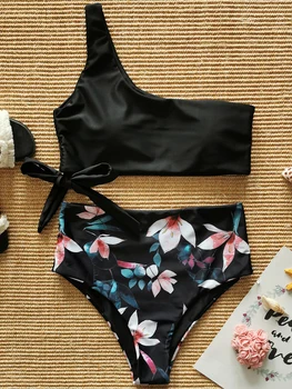 Ena Ramenski Cvetlični Visoko Pasu Bikini Čipke Kopalke 2 Delni Set Ženske Tropskih Tiskanja, Plavanje Obleko za Ženske Visoko Pasu