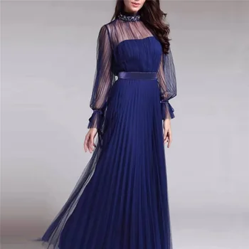 Ženske obleke 2021 Novo Pomlad In Jesen Modri Plus Velikost S-2XL Temperament Krog Vratu Visoko Pasu Moda Dolgo Obleko Feminina GH36