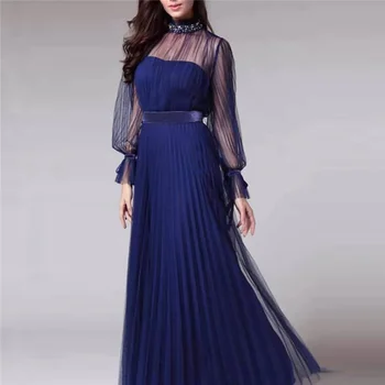 Ženske obleke 2021 Novo Pomlad In Jesen Modri Plus Velikost S-2XL Temperament Krog Vratu Visoko Pasu Moda Dolgo Obleko Feminina GH36