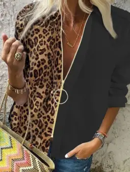 Leopard Moda Belo Razrezana Bluzo Ženske Majice Pomlad Jesen Dolg Rokav Zip Gor Proti-Vrat Vrhovi Priložnostne Ženska Plus Velikost Bluzo