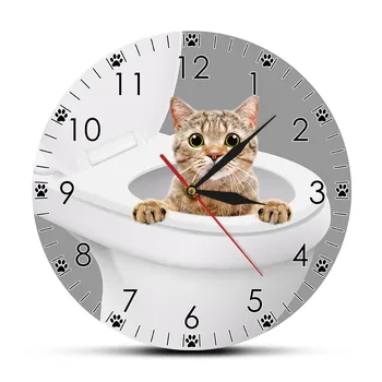 Čudovit Kitty Cat Kukanja Iz Wc, Kopalnica, Stenske Ure V Prahu Sobi Doma Dekor Mačka Pet Shop Smešno Wall Art Moderne Stenske Watch