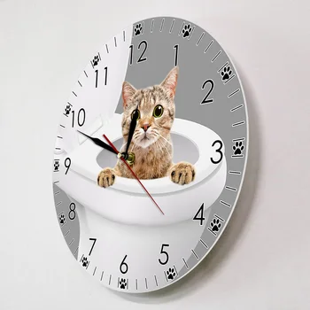 Čudovit Kitty Cat Kukanja Iz Wc, Kopalnica, Stenske Ure V Prahu Sobi Doma Dekor Mačka Pet Shop Smešno Wall Art Moderne Stenske Watch