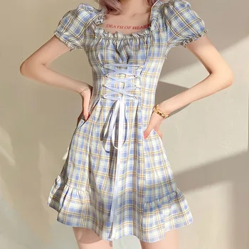 Y2k obleke poletje 2021 Kariran obleko čipke letnik Tunics Kawaii dropshipping lolita korejski modni maturantski harajuku goth kariran midi