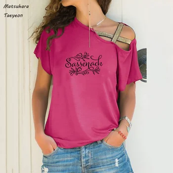 Sassenach Graphic T-shirt Moda Poletje Kratkimi Rokavi Ženske Majica Sexy Nezakonitih Skew Križ Povoj Plus Velikost S-5xl Majica