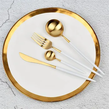 Beli Ročaj Zlati Dinneware Postavlja Visoko Kakovostno Kovinsko Srebrni Nož, Vilice Odvodne Cevi Jedilni Pribor Set 304 Nerjaveče Jeklo Namizna