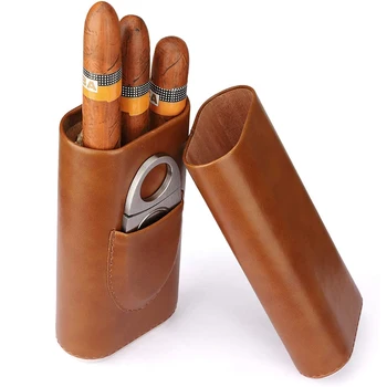 Visoke Kakovosti 3-Prst Torbe Prenosni Cigar Polje Rjava Cigar Usnjena torbica s Cigaro Rezalnik