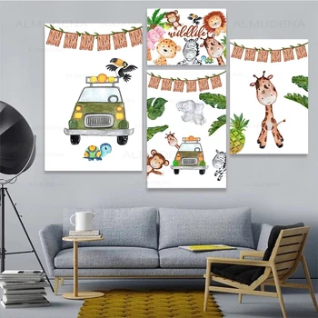 Vrtec Risanka Živali Avto Plakat Listov Lev, Zebra, Žirafa Slon Wall Art Platno Slikarstvo za otroška Soba Decoraion