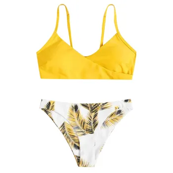 63# Womens Kopalke 2021 Visoko Pasu Mlade Slog Cvetlični Naključno Print Bikini Komplet Push-up Kopalke Plažo Oblazinjeni Kopalke Бикини