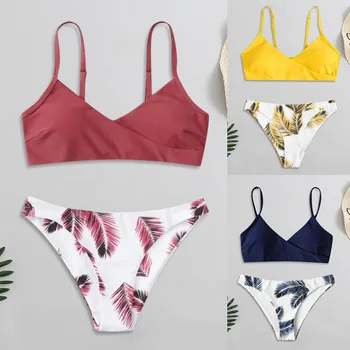 63# Womens Kopalke 2021 Visoko Pasu Mlade Slog Cvetlični Naključno Print Bikini Komplet Push-up Kopalke Plažo Oblazinjeni Kopalke Бикини