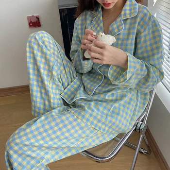 2021 Korejski Vijolično Mrežo Dekleta Pižame Nastavite Srčkan Zimski Dolgimi Rokavi Za Prosti Čas Sleepwear Za Ženske Svoboden More Homewear Obleko