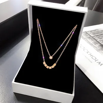 Korejski preprosta modna temperament rose zlata dvojno kvadratek obesek titana jekla žensk ogrlica