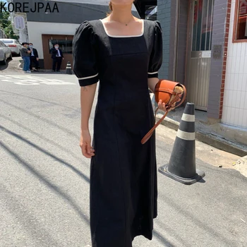 Korejpaa Ženske Obleke 2021 Poletje Korejski Retro Chic Hepburn Slog Kvadratnih Ovratnikom, Spredaj Nazaj Dva-Nositi Design Puff Seeve Vestidos