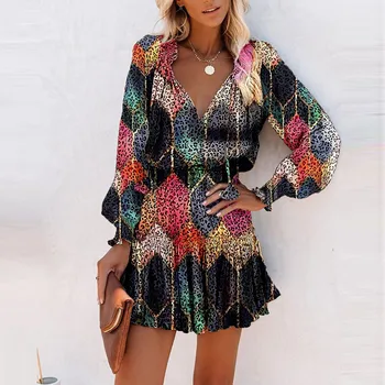 Poletje Oblačenja Žensk 2021 Priložnostne Plus Velikost Moda Ženska Tiskanje Proti-vrat Mozaik Dolg Rokav Udoben Priložnostne Obleko#g30