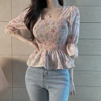 Priložnostne Cvjetnim Natisne Poletje Bluzo Ženske 2021 Moda Flare Rokav Seksi Hlače Dame Vrhovi Korejski Slim Letnik Šifon Bluzo