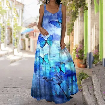 5size Moda Natisnjeni Maxi Obleko Žensk Pomlad Sundress 2021 Priložnostne Tassel Puff Rokav Dolgo Vestidos Ženska V Vratu Robe