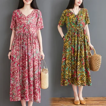 2021 Novo Cvjetnim Tiskanja Prairie Chic Vintage Obleko Bombaž Perilo Kratek Rokav Svoboden Poletje Obleko Plus Velikost Ženske Priložnostne Dolgo Obleko