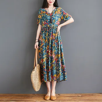 2021 Novo Cvjetnim Tiskanja Prairie Chic Vintage Obleko Bombaž Perilo Kratek Rokav Svoboden Poletje Obleko Plus Velikost Ženske Priložnostne Dolgo Obleko