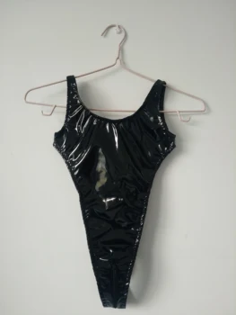 Visoko izreži Žensk dekle Sijoče PVC ponaredek usnje Bikini wetlook En Kos Kopalke Kopalne bodysuit tesen z mednožje zadrgo