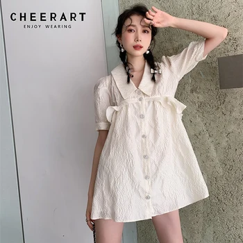 CHEERART Teksturo Bež Ruffle korejski Modni Ovratnik Obleka Ženske Puff Rokav Gumb Gor Mini Babydoll Obleko 2021 Počitnice Oblačila