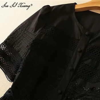 Seasixiang Modni Oblikovalec Poletje Oblačenja Žensk Kratka Sleeved Vezenje Votlih Vintage beloprsi Singl Obleke