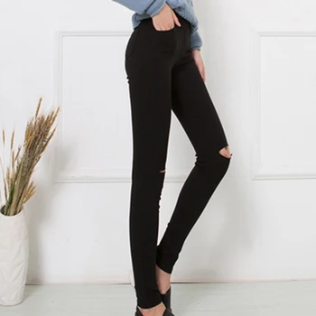 Ženske Hlače Jeans Pomlad Poletje Jesen Dokolenke Stretch Skinny Hlače Visoko Pas Črne Skinny Preprost Dolgo Luknjo Hlače Plus Velikost