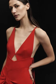 Visoko Kakovostne Ženske Poletje Seksi V Vratu Ruffles Midi Rumeno Rdeče Lady Obleko 2021 Modni Oblikovalec Večer Stranka Obleko Vestido