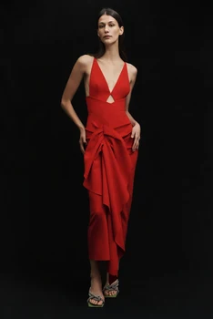 Visoko Kakovostne Ženske Poletje Seksi V Vratu Ruffles Midi Rumeno Rdeče Lady Obleko 2021 Modni Oblikovalec Večer Stranka Obleko Vestido