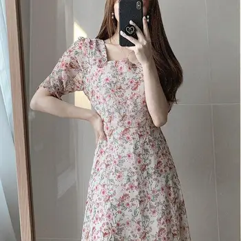 2021 Roza Šifon Cvjetnim Tiskanja Obleka Ženske Poletni Mozaik Obleko Ženski Priložnostne Stranka Počitnice Na Prostem Korejski Obleko Zaraing