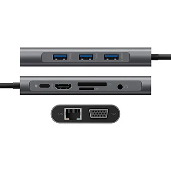 10 V 1 Tip C HUB Multif Razširitvene Postaje Središče HDMI-združljiva kartica Z USB3.0*3+HDMI 4K+TF+SD+RJ45 +PD+Audio+VGA Za MacBook