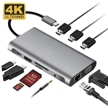 10 V 1 Tip C HUB Multif Razširitvene Postaje Središče HDMI-združljiva kartica Z USB3.0*3+HDMI 4K+TF+SD+RJ45 +PD+Audio+VGA Za MacBook