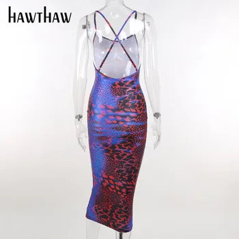 Hawthaw Ženske Poletje Brez Rokavov Backless Bodycon Natisnjeni Paket Hip Svinčnik Obleko Sundress 2021 Ženska Oblačila Ulične