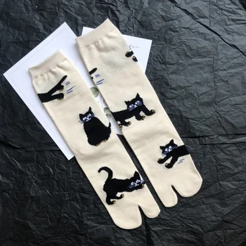 Osnovna barva serije dva-toed nogavice sova črni cvet poredna mačka Japonski sou split toe smešno jacquardske nogavice