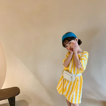 2021 Poletje Dekleta korejski Vertikalne Trakove Kratka sleeved majica s kratkimi rokavi Dresseschildren je Priložnostne Ohlapne Dolge T-shirt Obleko Krpo Otroci