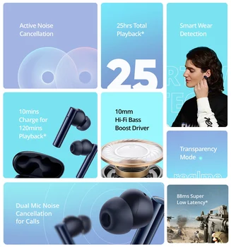 Na Zalogi realme Brsti Zraka 2 ANC Brezžične Slušalke 88ms Super Low Latency 25h Predvajanje Igra Glasbo, Šport Bluetooth Slušalke