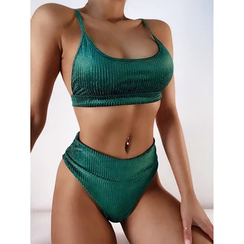 NewAsia Zelene kopalke Barva Backless Push up Oblazinjeni Visoka Vitka Seksi 2 Delni Set Brazilski Bikini Ženske Plaža Obrabe