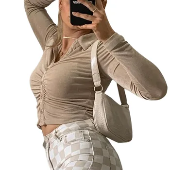 2021 Nove Ženske Gumb Gor Ovratnik Solid Majica Dolg Rokav Obreži Zgoraj Seksi Osnovne Slim Modne Dame Ruched T Shirt Ulične