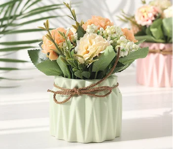 Evropski Umetno Cvetje s Keramično Vazo Poroko Dekorativne Vaze za notranjo Opremo Pisarna Namizni Poročni Šopek Ponaredek Cvet