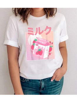 100 bombaž kawaii Jagode Mleka majica s kratkimi rokavi ženske unisex mleka grafični letnik ženska srajce 90. letih oblačila srčkan Japonski dekleta vrhovi