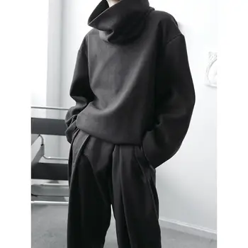 Korejski Slog Volnene pulover s kapuco za Moške, Modni Črno Bel Turtleneck Hoodies Moških Ulične Svoboden Hip-hop Puloverju Hoodie, ki so Hoody Moški