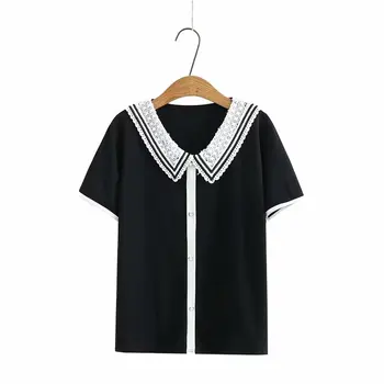 Plus velikost čipke mozaik peter pan ovratnik, kratkimi rokavi ženske bluze 2021new Priložnostne črno belo srajco poletje dame vrhovi