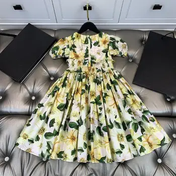 Dekle cvet tiskanja obleko poletje novo puff kratek rokav vintage blagovne znamke princesa obleko otroci počitnice obleko dekle obleko wz156