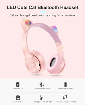 Multi-barvni neobvezno Srčkan Slušalke Bluetooth Slušalke 5.0 Nova Mačka Ušesa, Velike Zmogljivosti Mobilnega Telefona Brezžično Slušalko