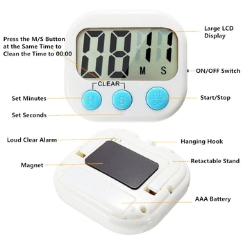 Mini Digital Kuhinjski Timer Velikih Mest Glasen Alarm Magnetna Podloga Stojalo z Velikim LCD-Zaslon za Kuhanje, Peko in Športne Igre